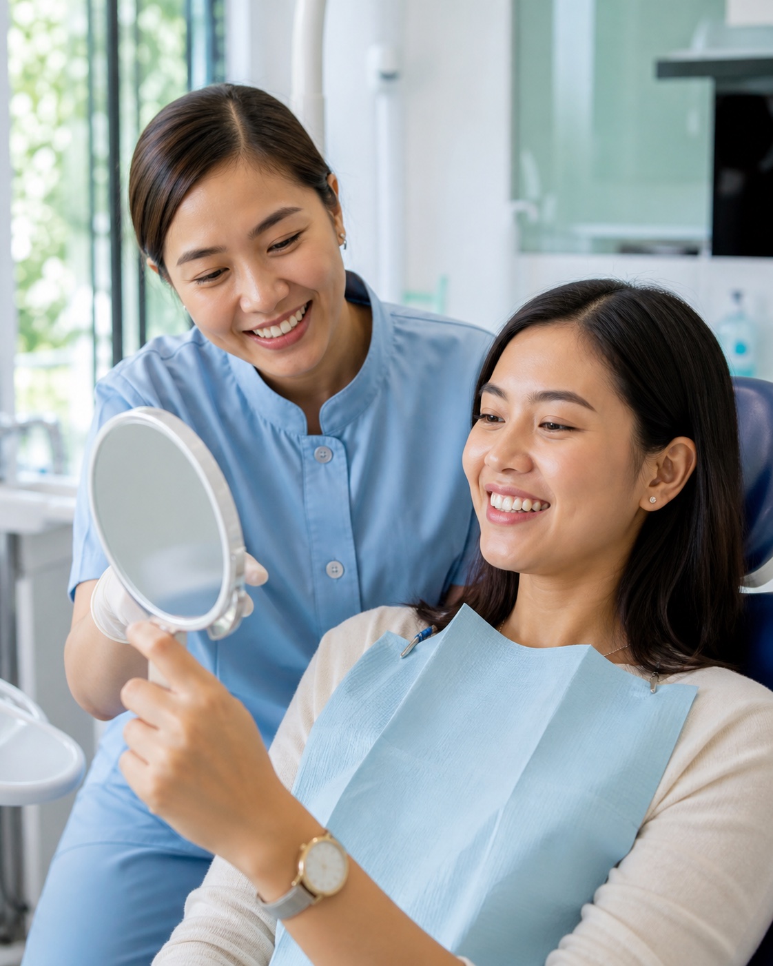 Filipino dentist and patient looking at the patient's smile after a cleaning