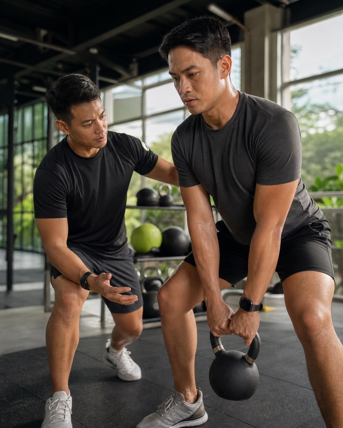 Filipino trainer coaching a client through a kettlebell exercise