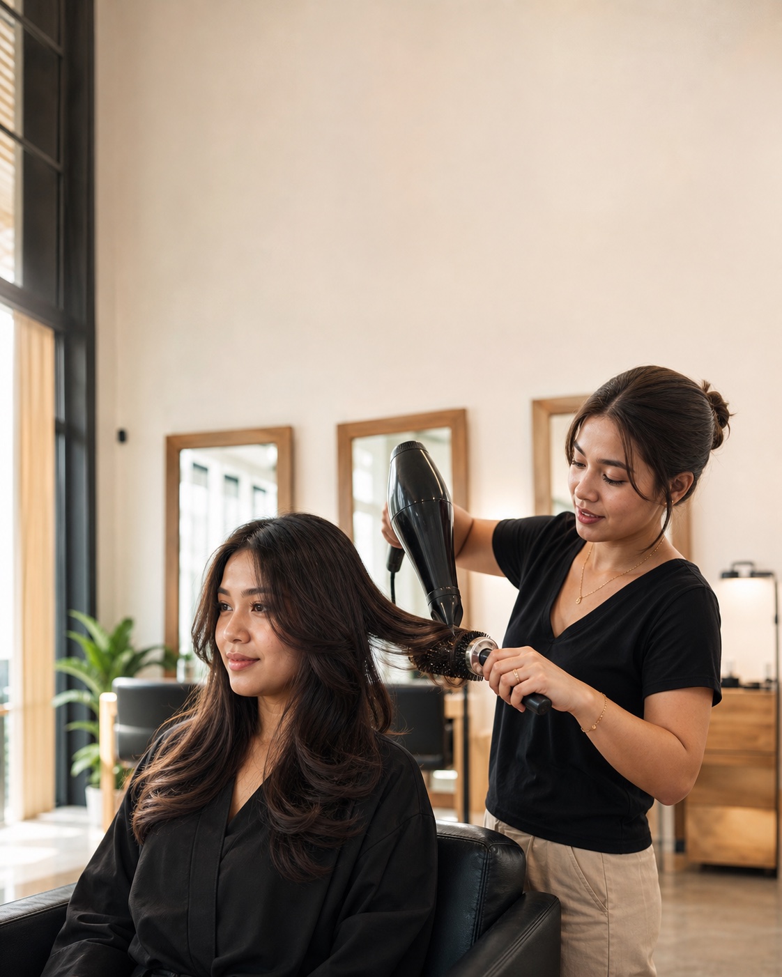 Filipina hairstylist finishing a client's blowout in a neighborhood salon